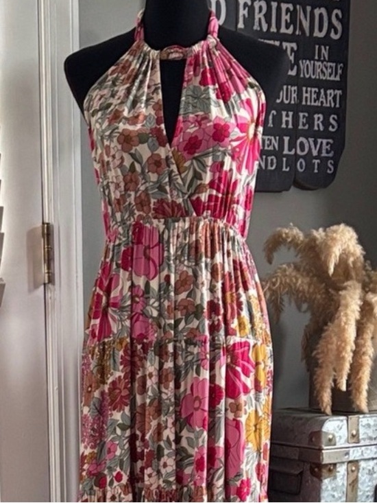 Aakaa Dresses & Skirts - Aakaa Floral Open Back Halter Maxi Dress Pink Boho Wedding Guest Size M